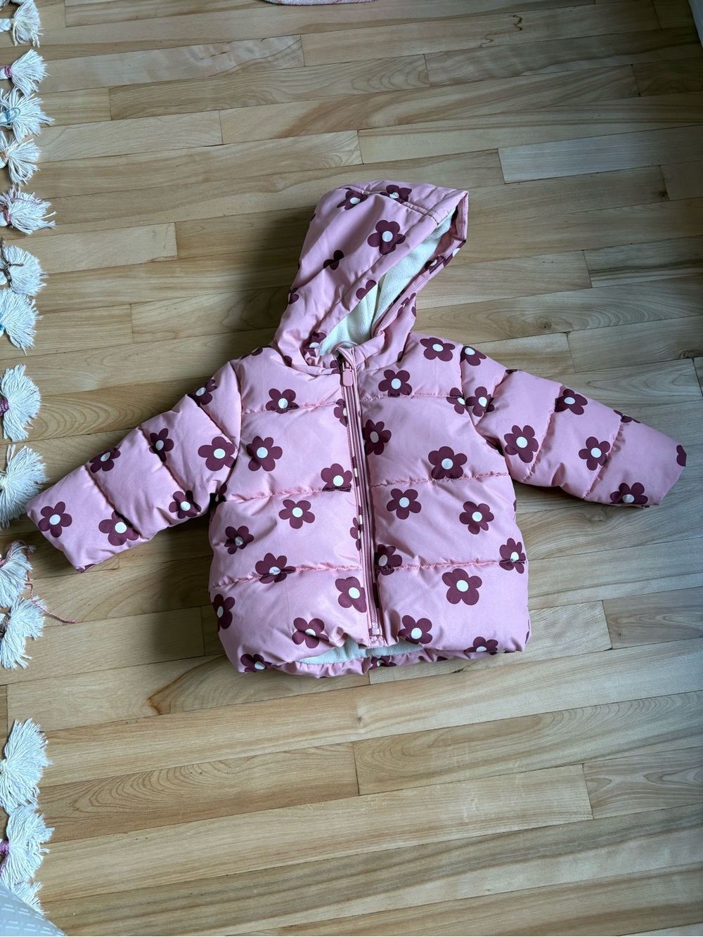 Kids Pink Floral Puffer Jacket with hood
